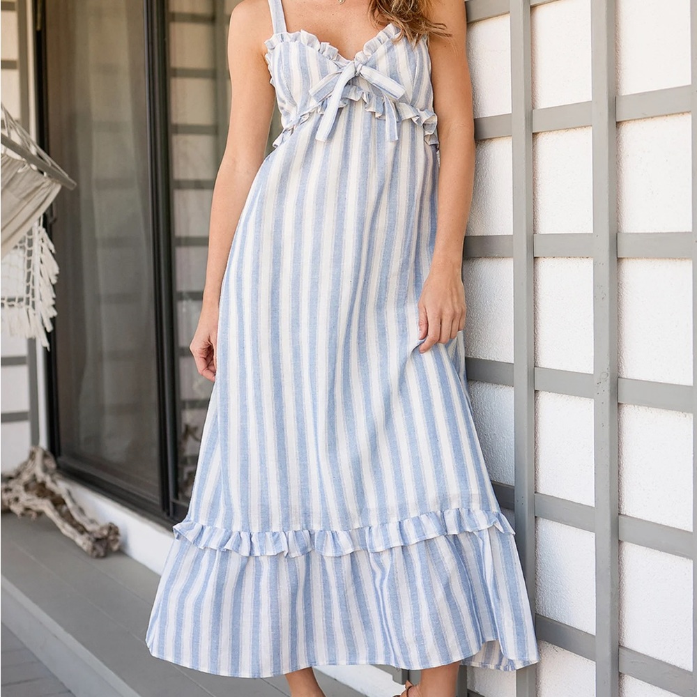 Lulus Pier for You Blue and White Striped Ruffled Midi Dress - Size M